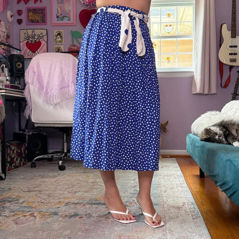 Vintage 80s blue and white retro polka dot midi skirt